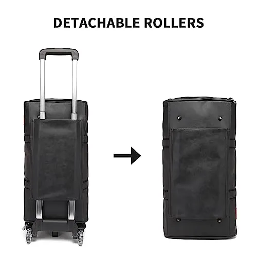 Rolling Duffel Bags with Wheels,Waterproof Duffle Bags with Removable Rollers Carry on Duffel Bag with Wheels Leather Duffle Bags with Shoes Compartment for Men and Women Black