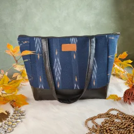 Sarus Crane Series Jumbo Tote Blue with White and Orange Horizontal Fret Prints