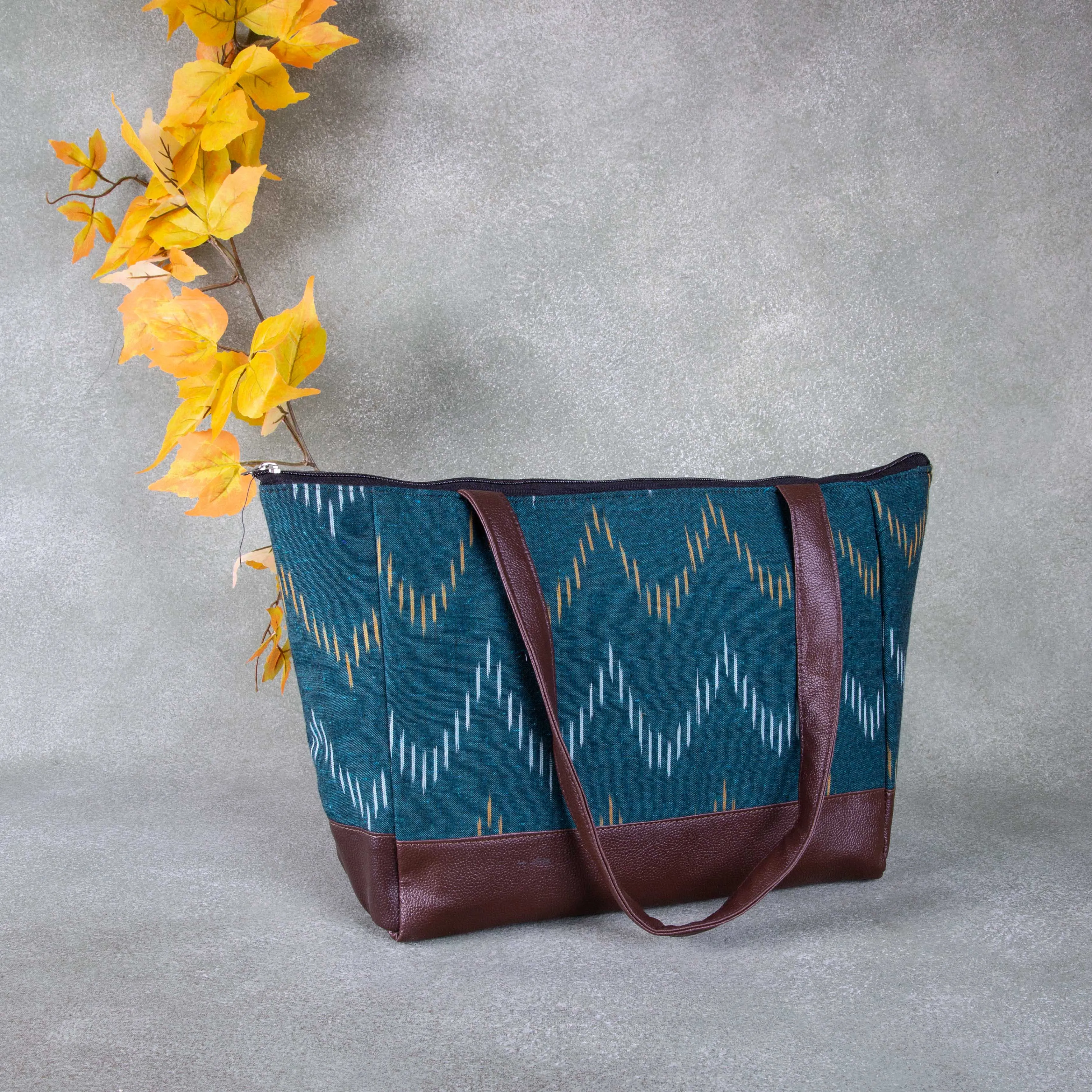 Sarus Crane Series Jumbo Tote Dark Green with Mustered and White Zig Zag Design.