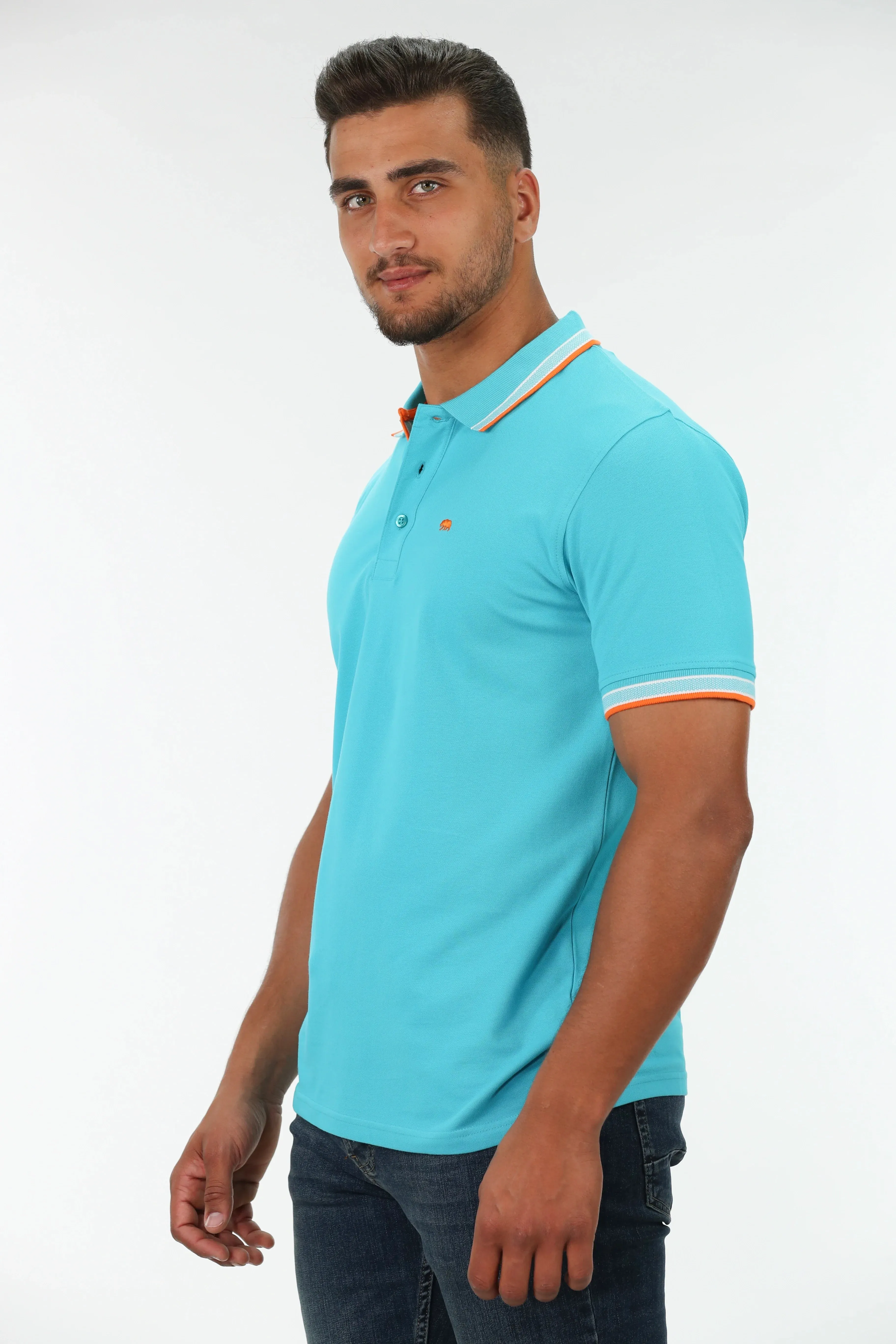 Scuba Blue Polo With Collar & Shoulder Stripe Design