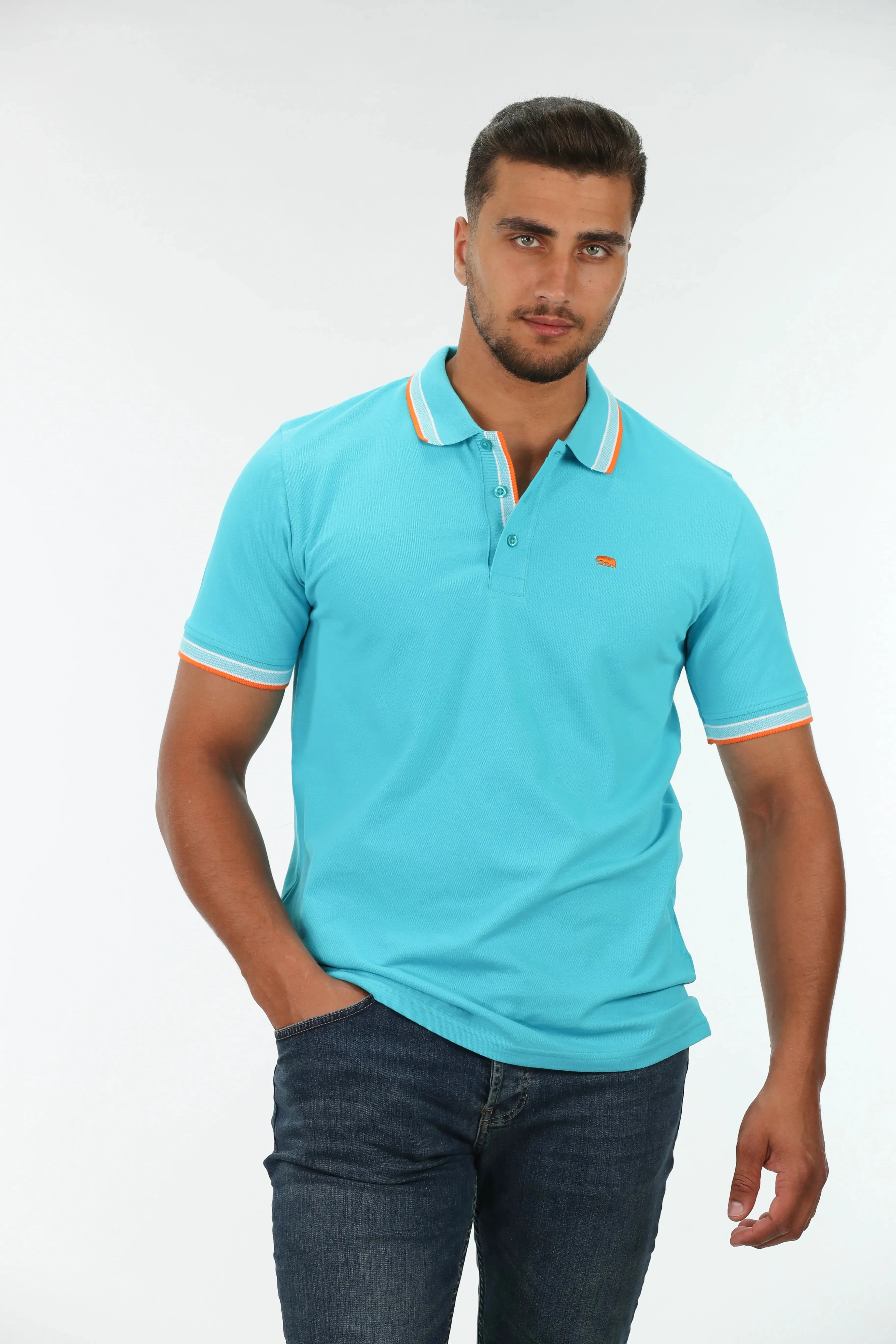 Scuba Blue Polo With Collar & Shoulder Stripe Design