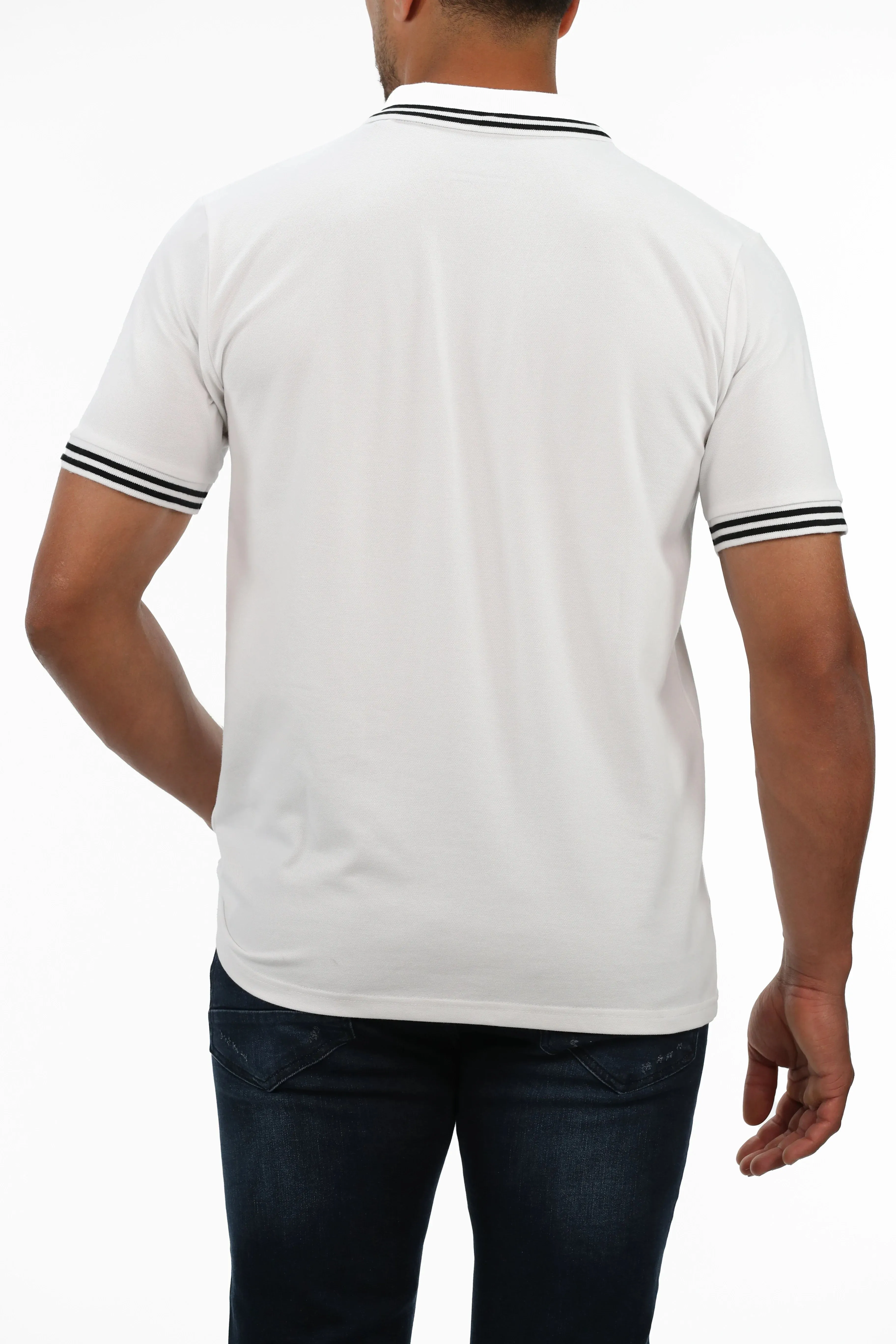 Short Sleeve White Polo With Stripe Collar & Shoulder