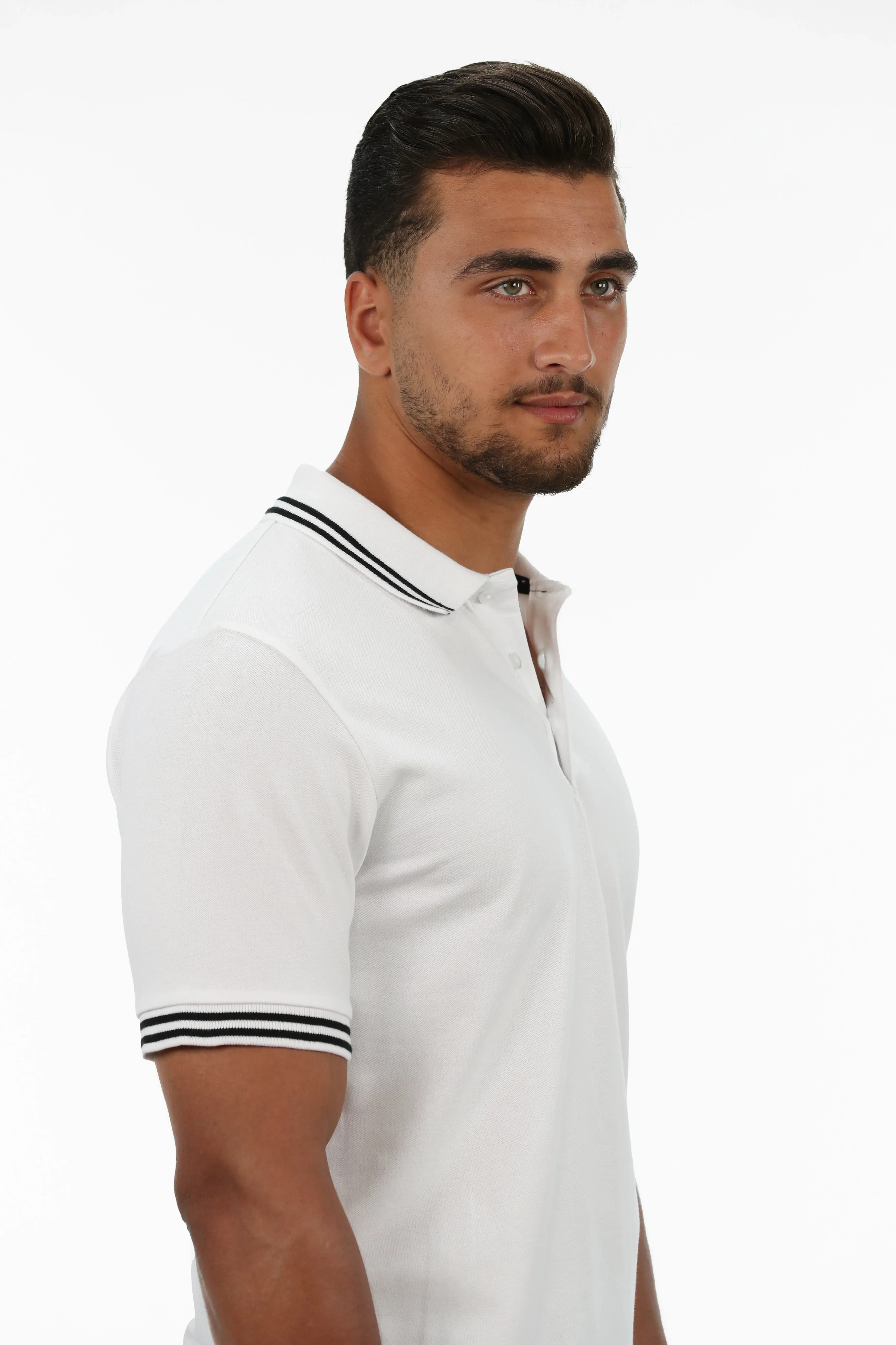 Short Sleeve White Polo With Stripe Collar & Shoulder