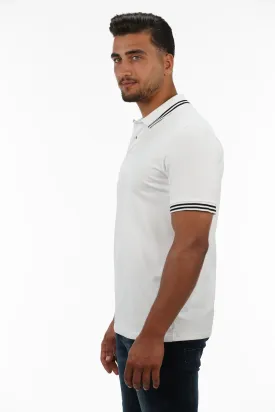 Short Sleeve White Polo With Stripe Collar & Shoulder