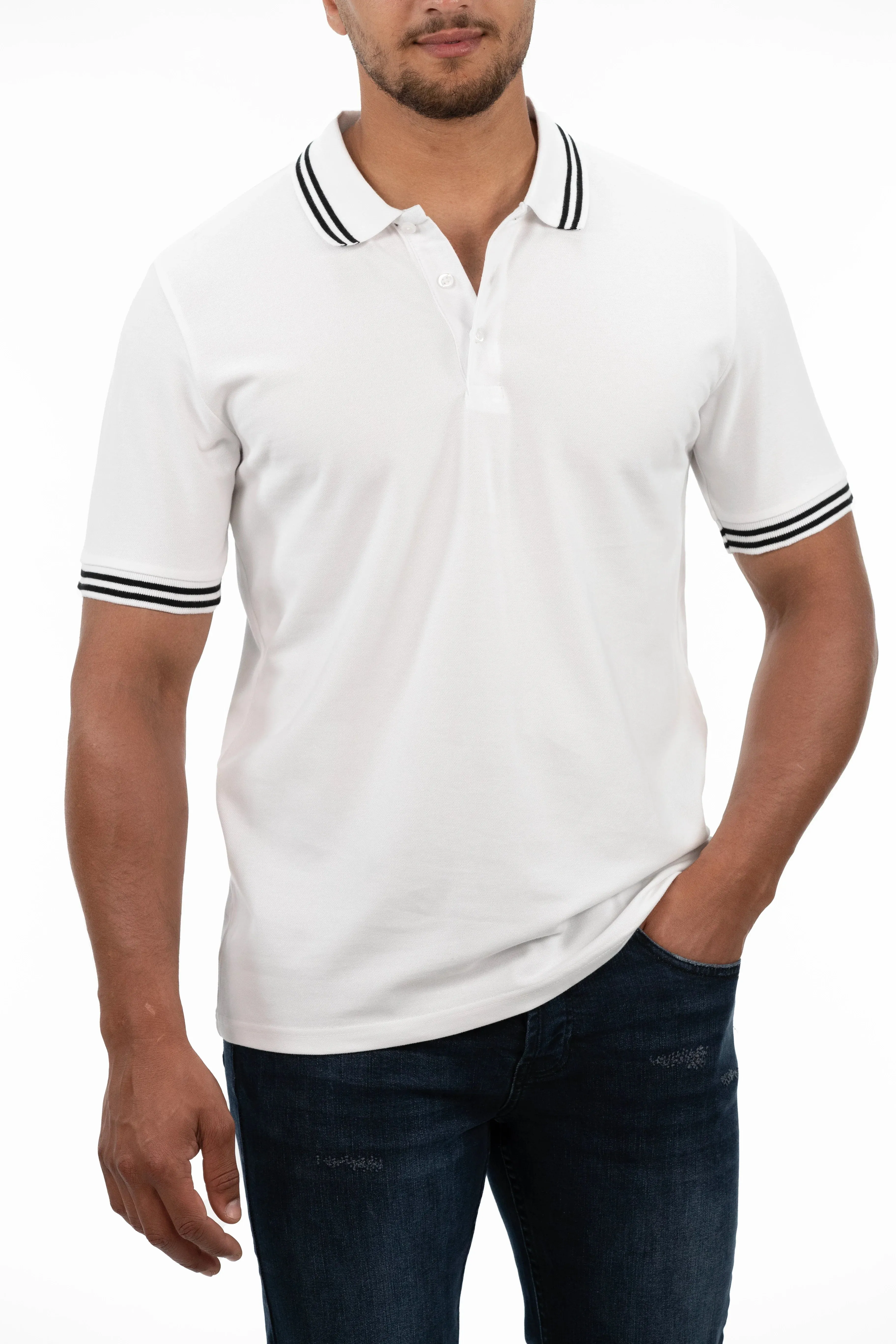 Short Sleeve White Polo With Stripe Collar & Shoulder