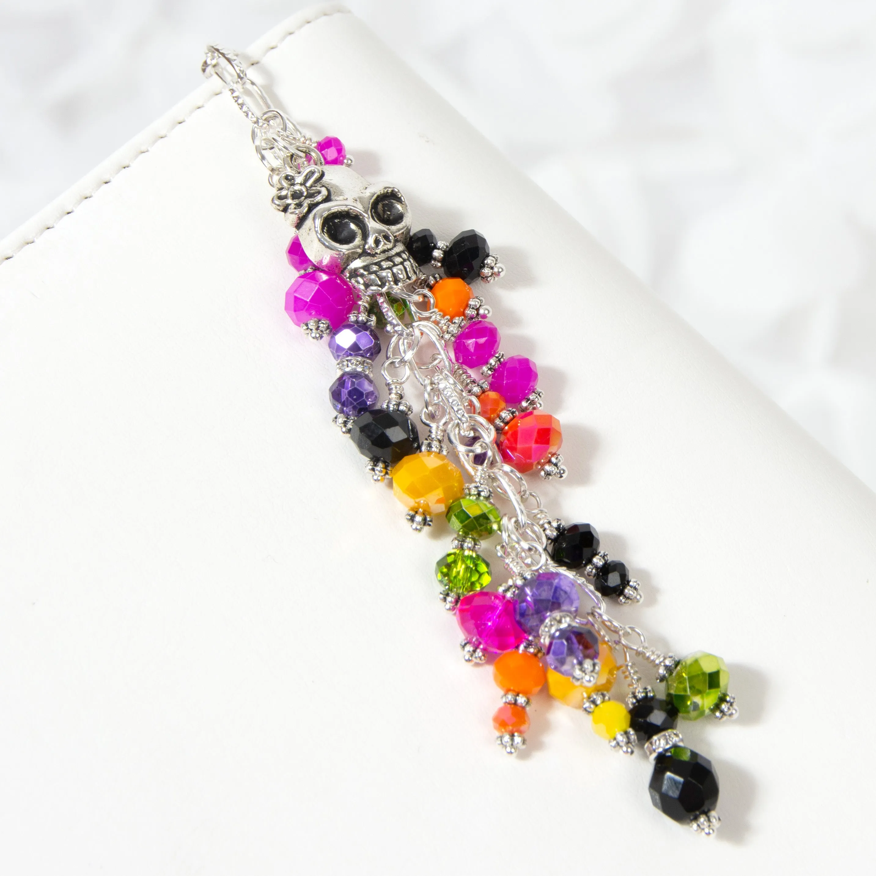 Sugar Skull Charm with Pink, Orange, Yellow, Green, Purple and Black Crystal Dangle