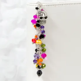 Sugar Skull Charm with Pink, Orange, Yellow, Green, Purple and Black Crystal Dangle