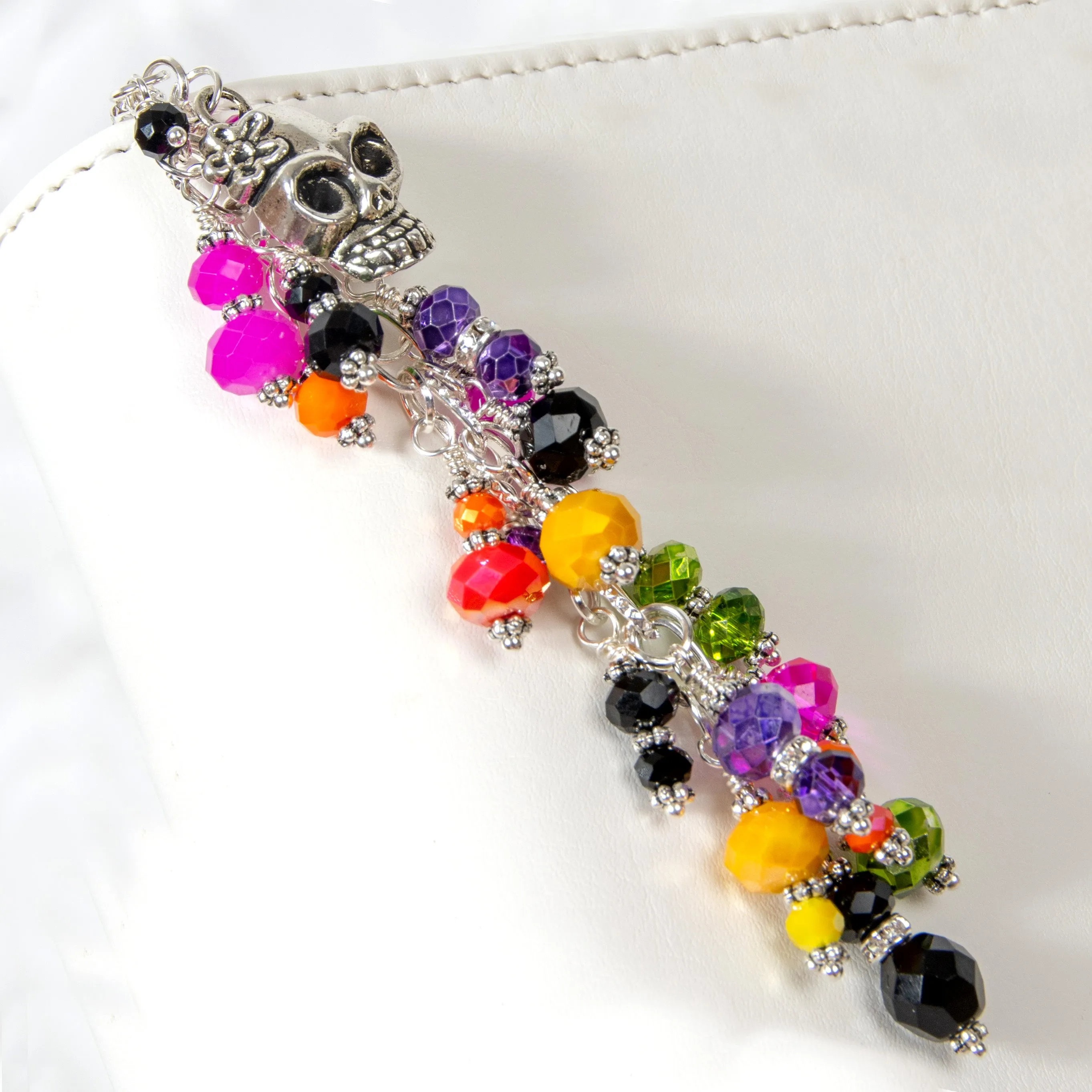 Sugar Skull Charm with Pink, Orange, Yellow, Green, Purple and Black Crystal Dangle