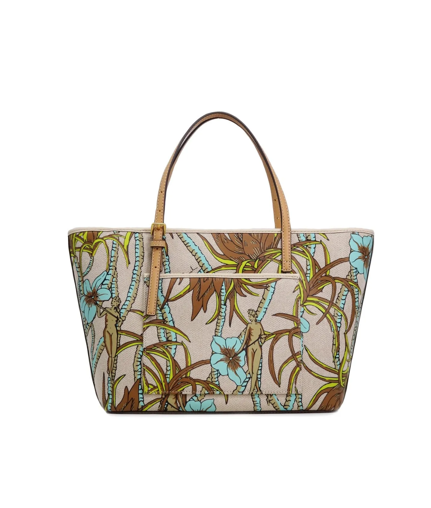 Tory Burch Cream Brown Climbing Palms Emerson Printed Canvas Small Tote