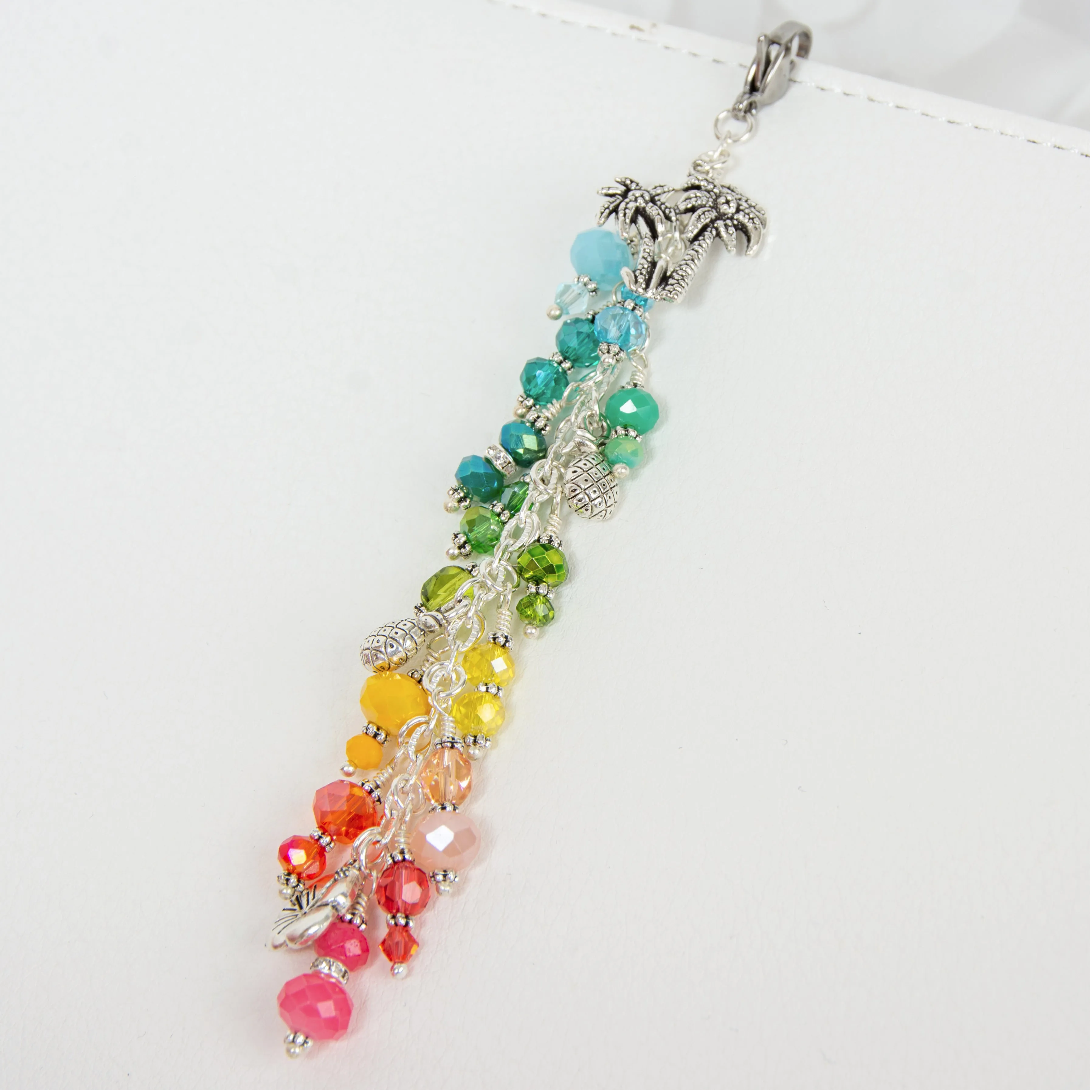 Tropical Planner Charm with Flower, Pineapple and Palm Tree and a Rainbow Crystal Dangle