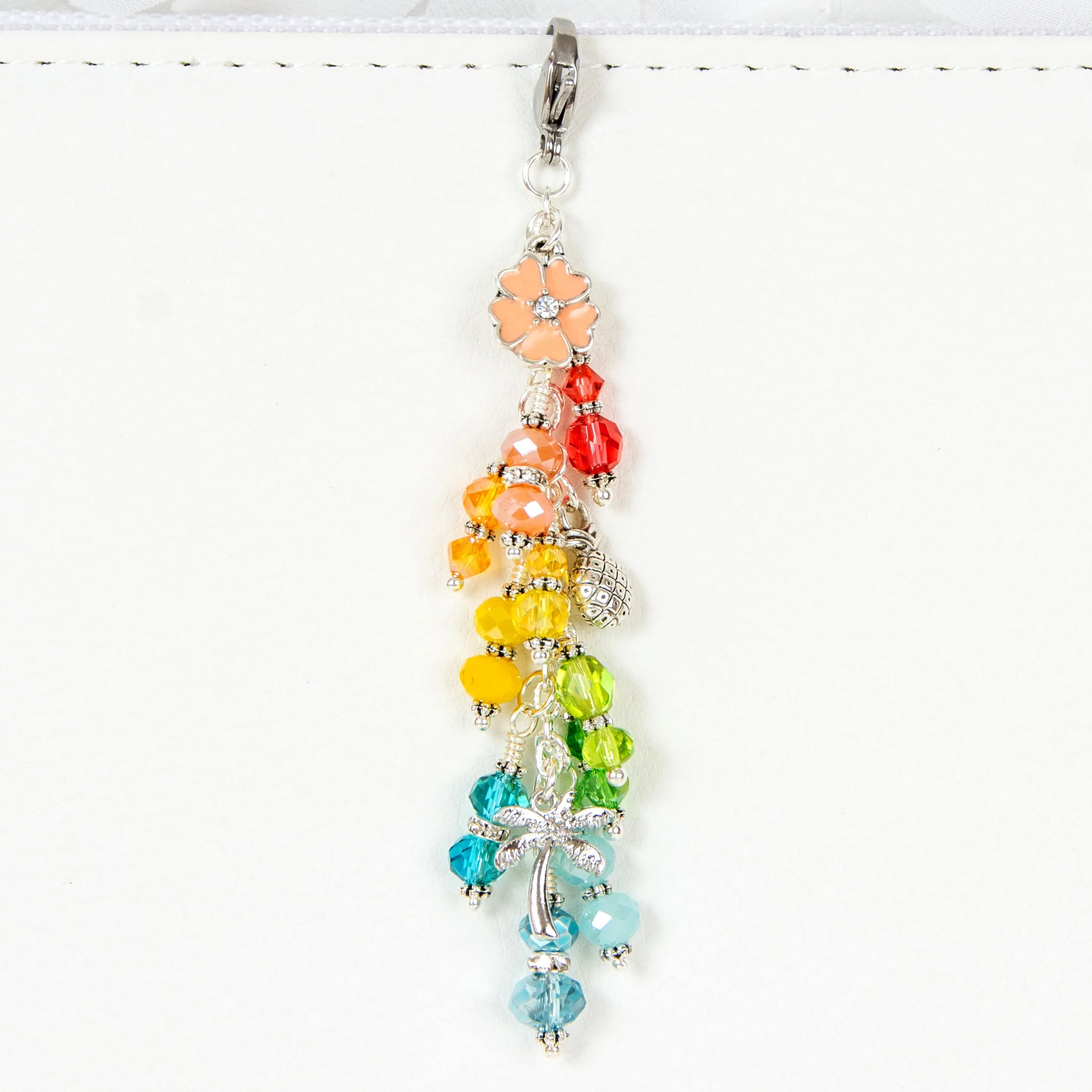 Tropical Planner Charm with Flower, Pineapple and Palm Tree and a Rainbow Dangle