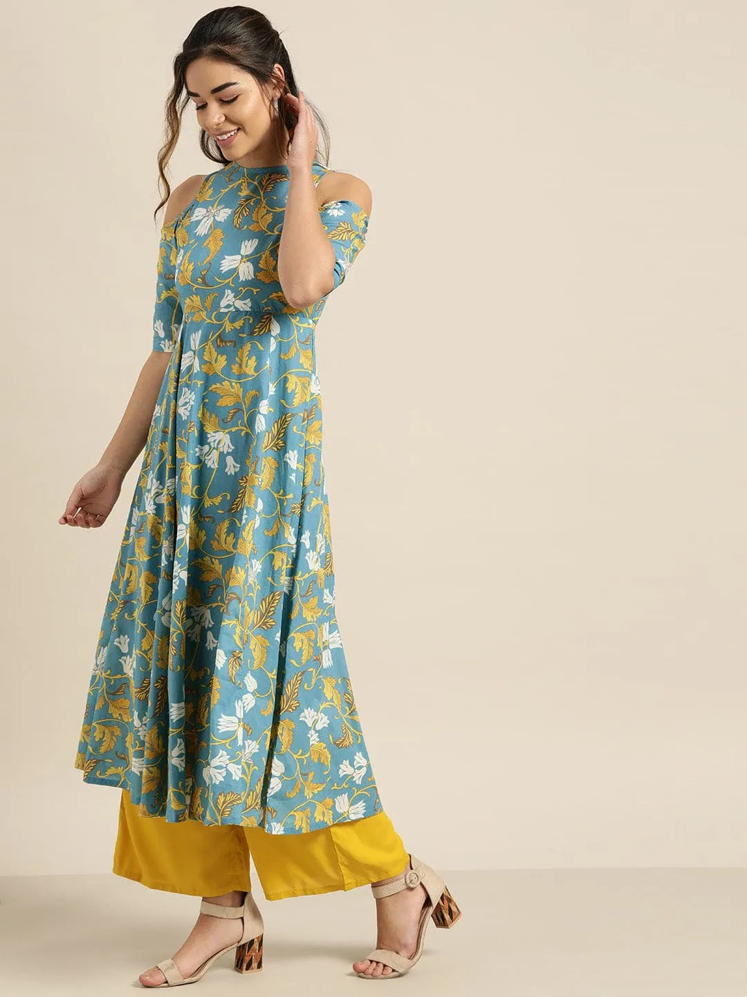 Turquoise Floral Cold Shoulder Midi Kurta