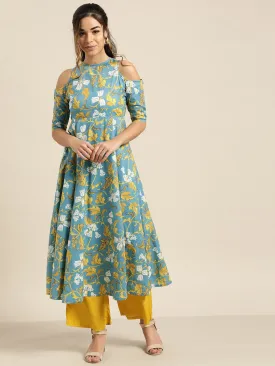 Turquoise Floral Cold Shoulder Midi Kurta