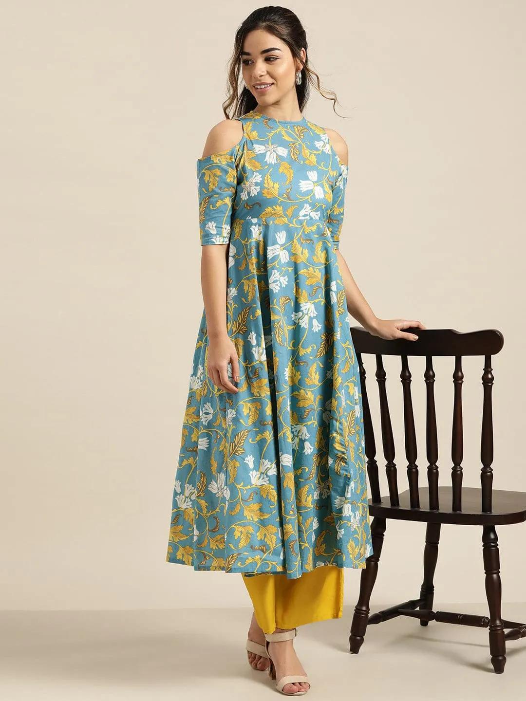 Turquoise Floral Cold Shoulder Midi Kurta